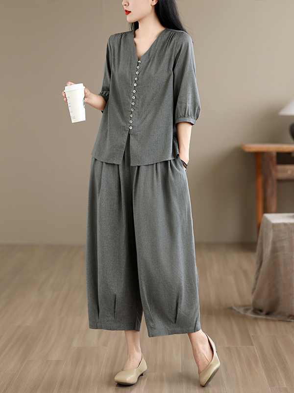 Women Fashion Over The Years - ชุดเซ็ตสองชิ้น เสื้อเชิ้ตผ้าลินินแฟชั่นและกางเกงขายาวทรงหลวม สำหรับผู้หญิง ใส่สบายๆ ในฤดูร้อน ระบายอากาศได้ดี