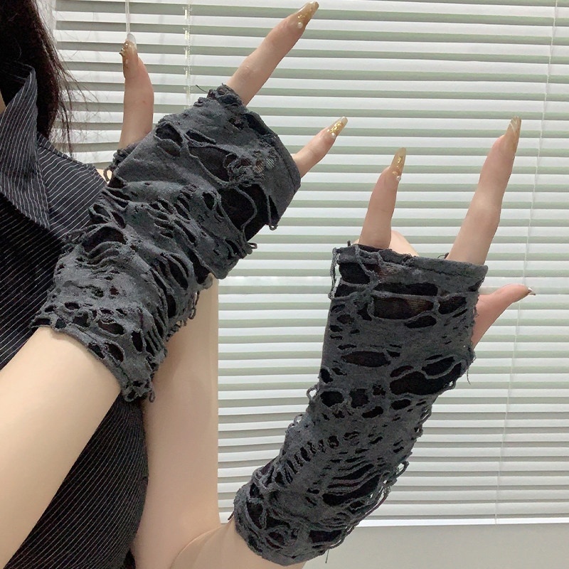 Women Fashion Gloves - ปลอกแขนกันแดดแบบตาข่ายขาดๆ สไตล์ Yueqiu Girl Alt Fashion,