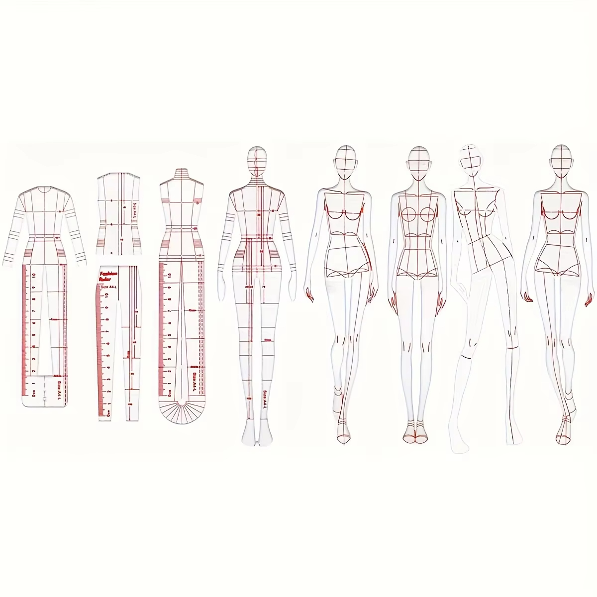 Women Fashion Figure Template - ชุดอุปกรณ์วาดภาพแฟชั่นสำหรับผู้หญิง 1 ชุด พร้อมแม่แบบวาดรูปสำหรับออกแบบแฟชั่นและสเก็ตช์ภาพผู้หญิง