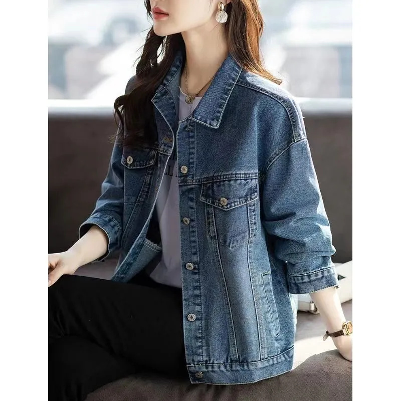 Women Fashion Jeans Top - แจ็คเก็ตคาวบอยสไตล์เรโทรใหม่ แฟชั่นสไตล์ตะวันตก เสื้อโค้ทเดนิมผู้หญิง ฤดูใบไม้ผลิ ฤดูใบไม้ร่วง เสื้อคลุมลำลอง