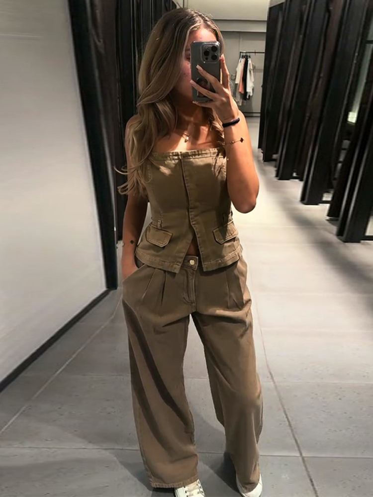 Women Fashion Jeans Top - ชุดเซ็ตเสื้อกั๊กครอปและกางเกงยีนส์เอวสูงทรงเข้ารูปสไตล์คาวบอยสำหรับผู้หญิง รุ่น Y2K ปี 2026 แฟชั่นทันสมัย