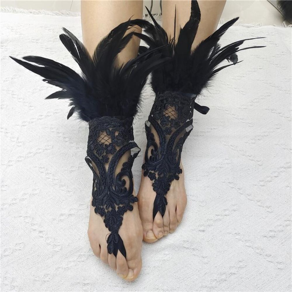 Women Fashion Gloves - ถุงมือยาวลูกไม้ขนนกแฟชั่น 1 ชิ้น สีขาวดำ ปักลาย สำหรับผู้หญิง