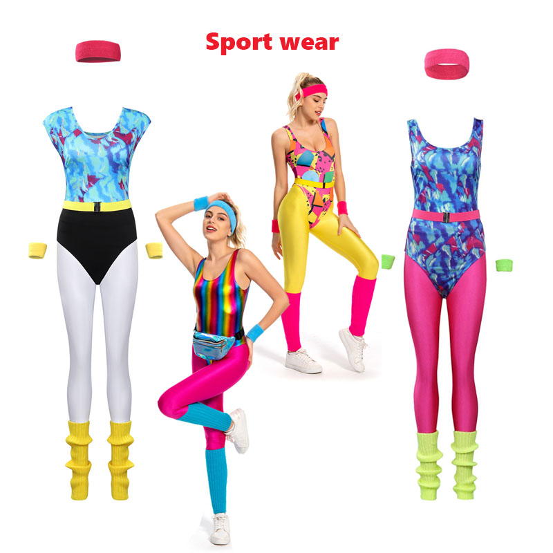 Women'S Fashion From The 80S - ชุดบอดี้สูทสำหรับวิ่งย้อนยุคของผู้หญิง80S 90s ชุดชุดคอสเพลย์ผู้หญิง6ชิ้น/เซ็ตสำหรับผู้หญิงชุดฮาโลวีนคาร์นิวัล