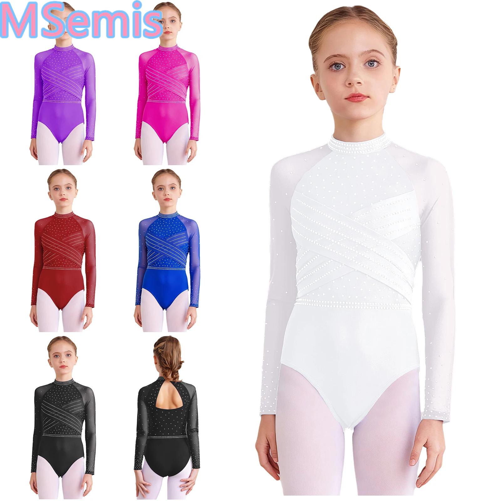 Turtleneck Bodysuit - ชุดบอดี้สูทเต้นรำสำหรับเด็กผู้หญิง แขนยาวผ้าตาข่ายโปร่ง ด้านหลังเว้า ด้านหน้าไขว้ ประดับด้วยคริสตัลวิบวับ