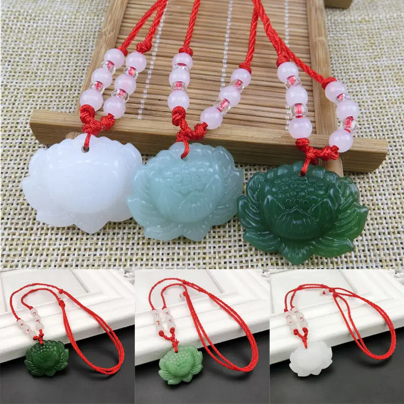 Women Fashion Jewellery - สร้อยคอจี้ลูกปัดหยกเขียวธรรมชาติรูปดอกบัว เครื่องประดับแฟชั่น แกะสลักด้วยมือ เครื่องรางนำโชคสำหรับผู้หญิง ของขวัญ