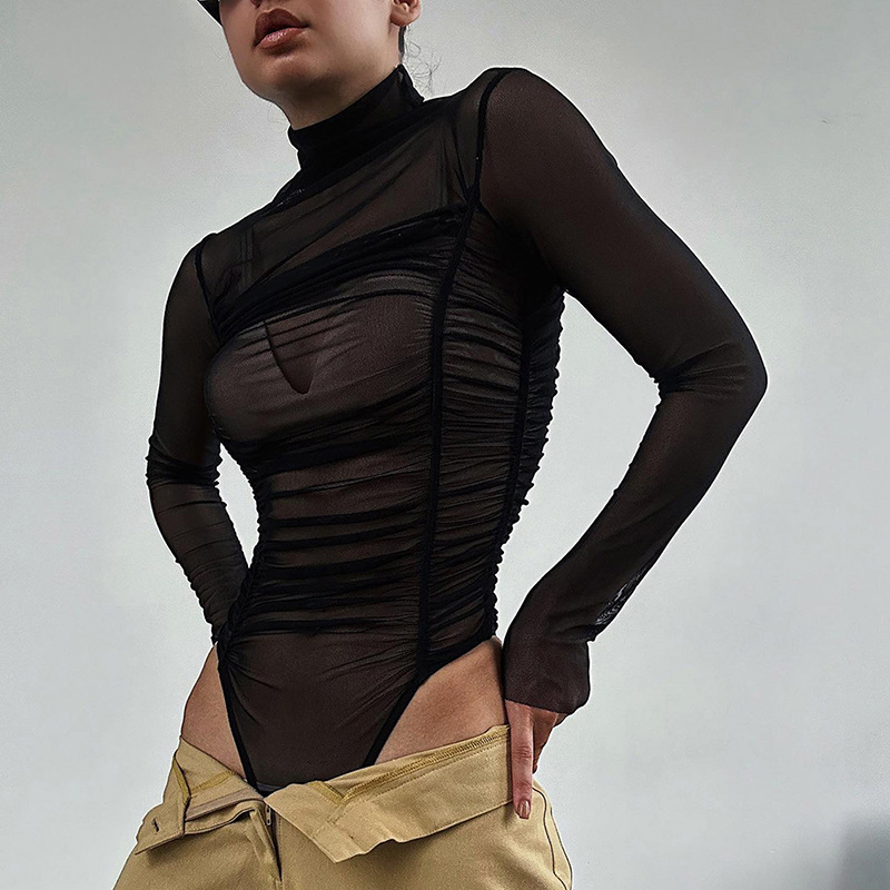 Turtleneck Bodysuit - ฤดูใบไม้ร่วง 2023 แขนยาวตาข่ายSlim Bodysuitสําหรับผู้หญิงดูผ่านสีดําสีน้ําตาลสีเทาBodysuits