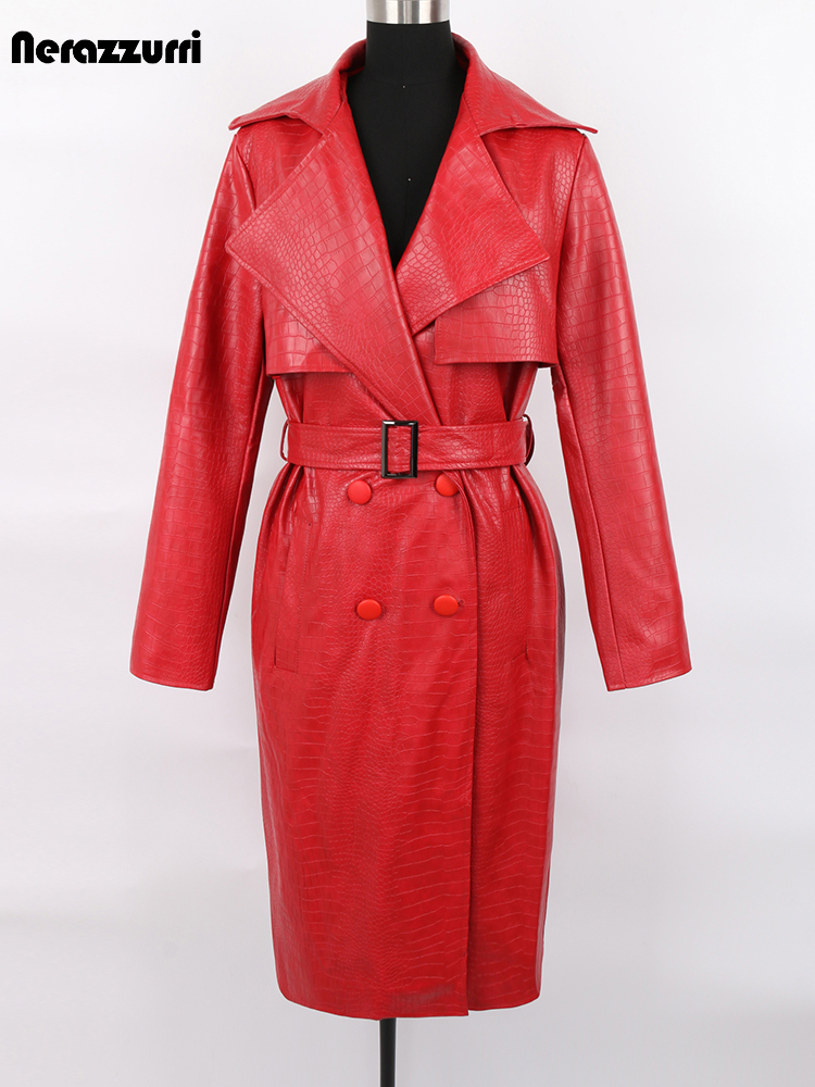 Women'S Fashion Raincoat - Nerazzurri ฤดูใบไม้ร่วงหลวมสีแดงจระเข้พิมพ์หนัง Trench Coat สำหรับสุภาพสตรีเข็มขัดคู่เสื้อกันฝนกันน้ำแฟชั่น