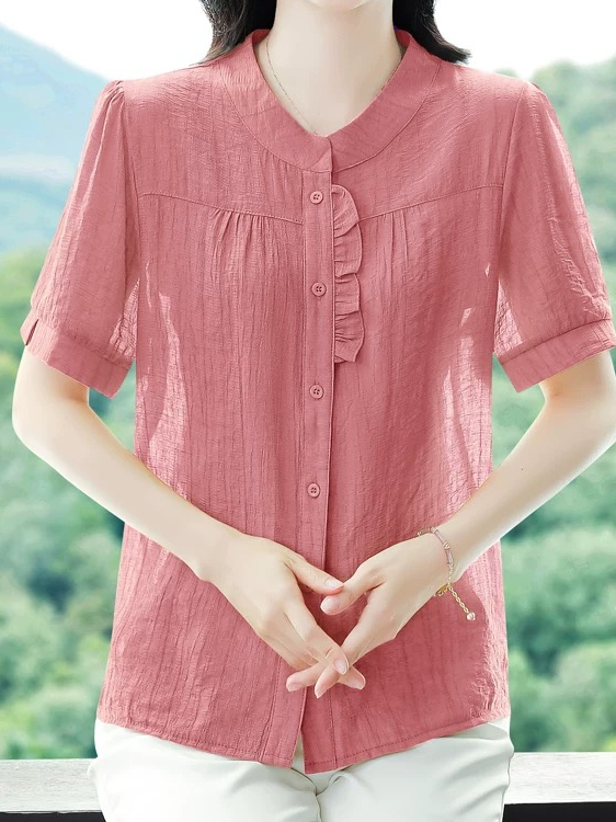 Women Fashion Over The Years - เสื้อเชิ้ตแขนสั้นผ้าลินินผสมคอตตอนพลีทผ้าไอซ์ซิลค์แฟชั่นสำหรับผู้หญิง สไตล์ลำลอง คอกลม ทรงหลวม ใส่สบายสำหรับฤดูร้อน
