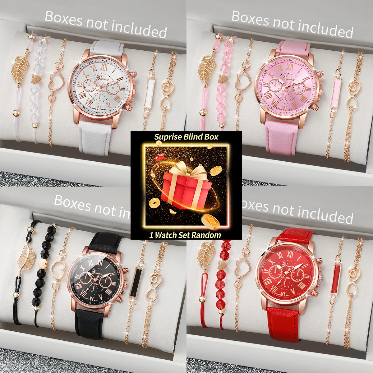Fashion Women Watch - ชุดนาฬิกาผู้หญิงแบบสุ่มในกล่องเซอร์ไพรส์ นาฬิกาควอตซ์เจนีวา + สร้อยข้อมือ 4 ชิ้น