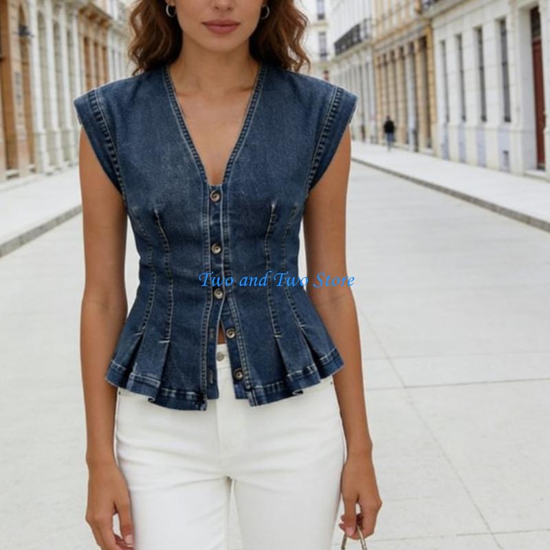 Women Fashion Jeans Top - HX6F อินเทรนด์สีฟ้ากางเกงยีนส์สีดำเสื้อแขนกุดผู้หญิงเสื้อลำลองเสื้อยกทรง