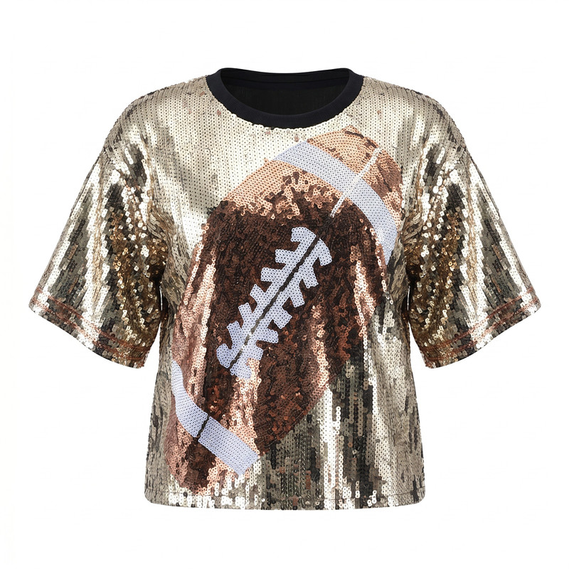 Women'S Fashion Rugby Shirt - เสื้อยืดแขนสั้นพิมพ์ลายรักบี้ประดับเลื่อมแฟชั่นฤดูร้อนสำหรับผู้หญิง คอกลม สไตล์ลำลอง