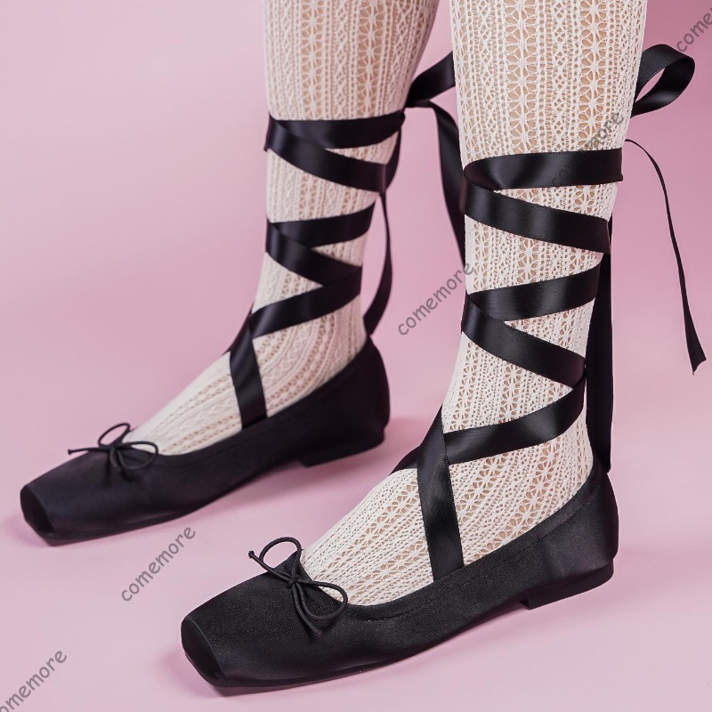 Women'S Fashion Footwear - รองเท้าบัลเล่ต์ผูกเชือกแบบผูกข้อเท้า หัวเหลี่ยม ผ้าซาติน สำหรับผู้หญิง รองเท้าโลลิต้า พื้นนุ่ม