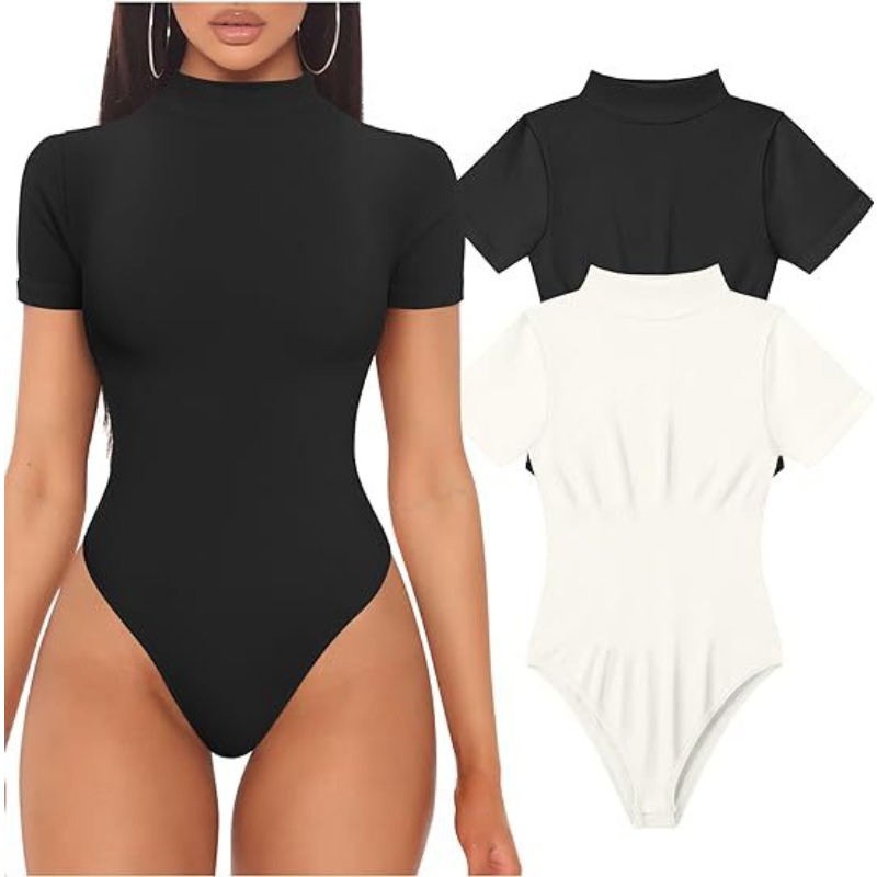 Turtleneck Bodysuit - แขนสั้นคอเต่าบอดี้สูทผู้หญิงเสื้อเซ็กซี่ฤดูร้อน One-piece เสื้อผ้าสีดําสีขาว Y2K Vintage Elegant