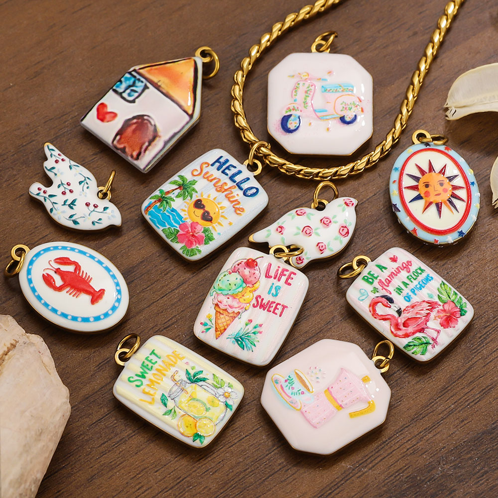 Women Fashion Jewellery - จี้สแตนเลสเคลือบสองด้าน 2 ชิ้น ลายบ้านสี่เหลี่ยมเพ้นท์มือ สำหรับผู้หญิง ใช้ทำสร้อยคอ