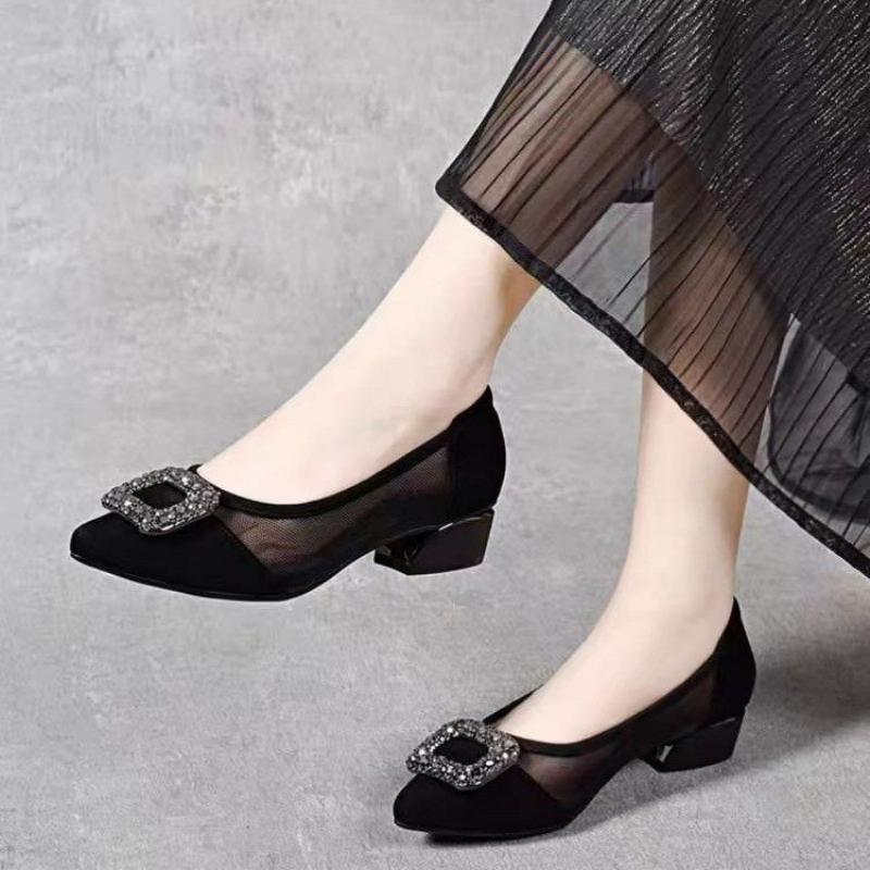 Women'S Fashion Footwear - รองเท้าส้นบล็อกหัวแหลมแบบตาข่าย ดีไซน์หรูหรา ประดับหัวเข็มขัดสี่เหลี่ยมเพชรเทียม รองเท้าทรงเตี้ย ระบายอากาศได้ดี เหมาะสำหรับใส่ทำงานสำหรับผู้หญิง
