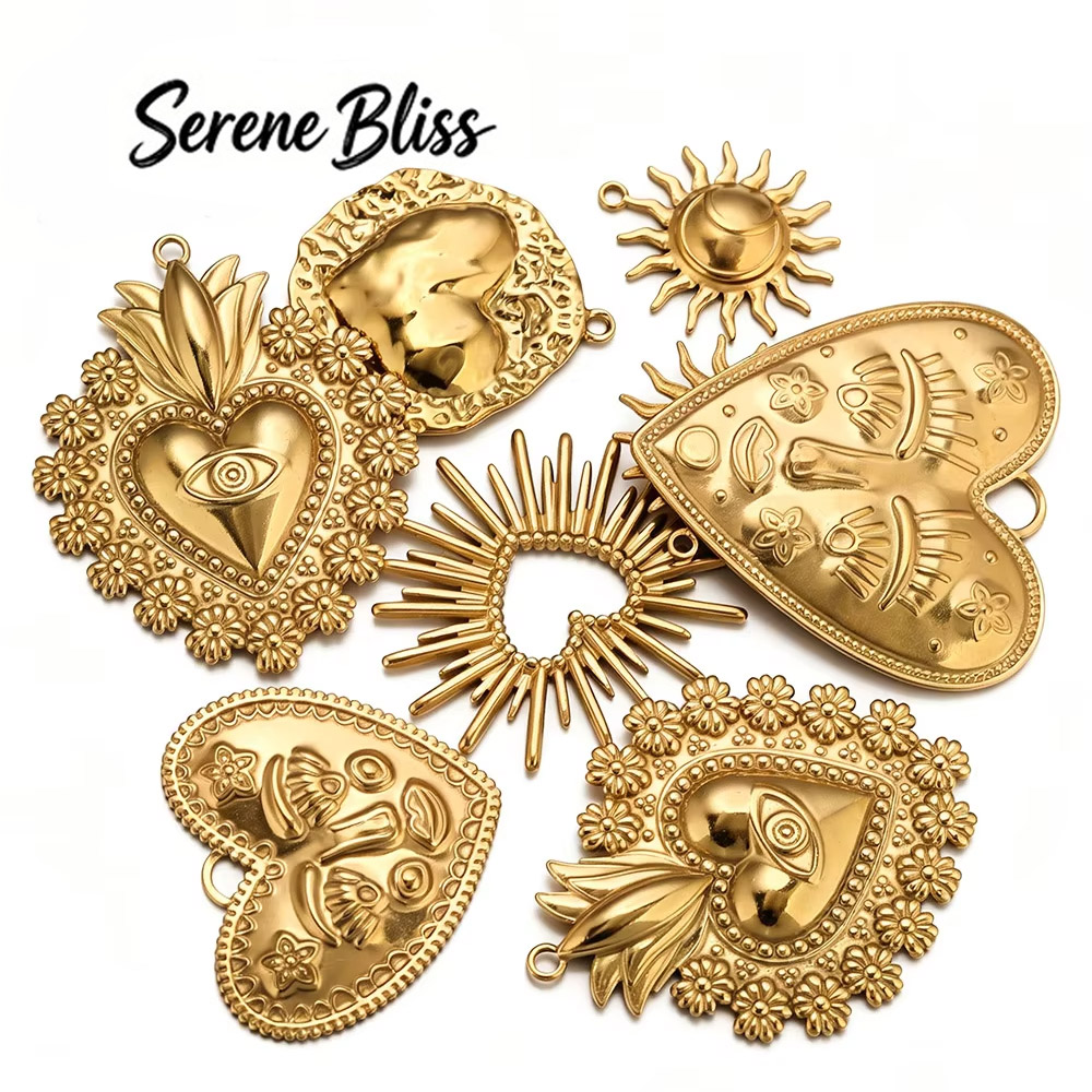 Women Fashion Jewellery - จี้รูปหัวใจขนาดใหญ่ 5 ชิ้น ทำจากสแตนเลส 304 ชุบทอง