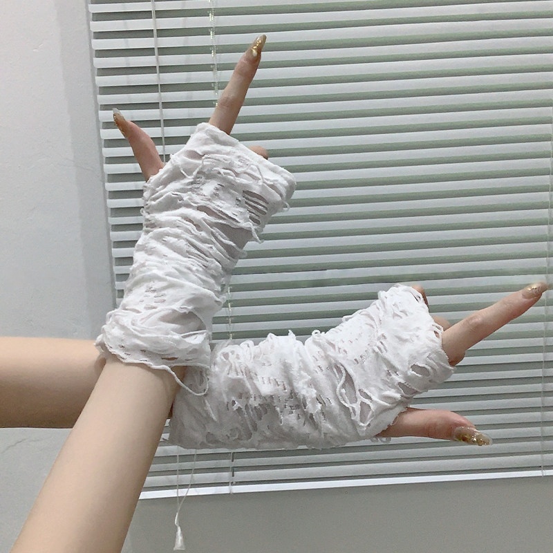 ปลอกแขนกันแดดแบบตาข่ายขาดๆ สไต - Women Fashion Gloves บทวิจารณ์และราคา