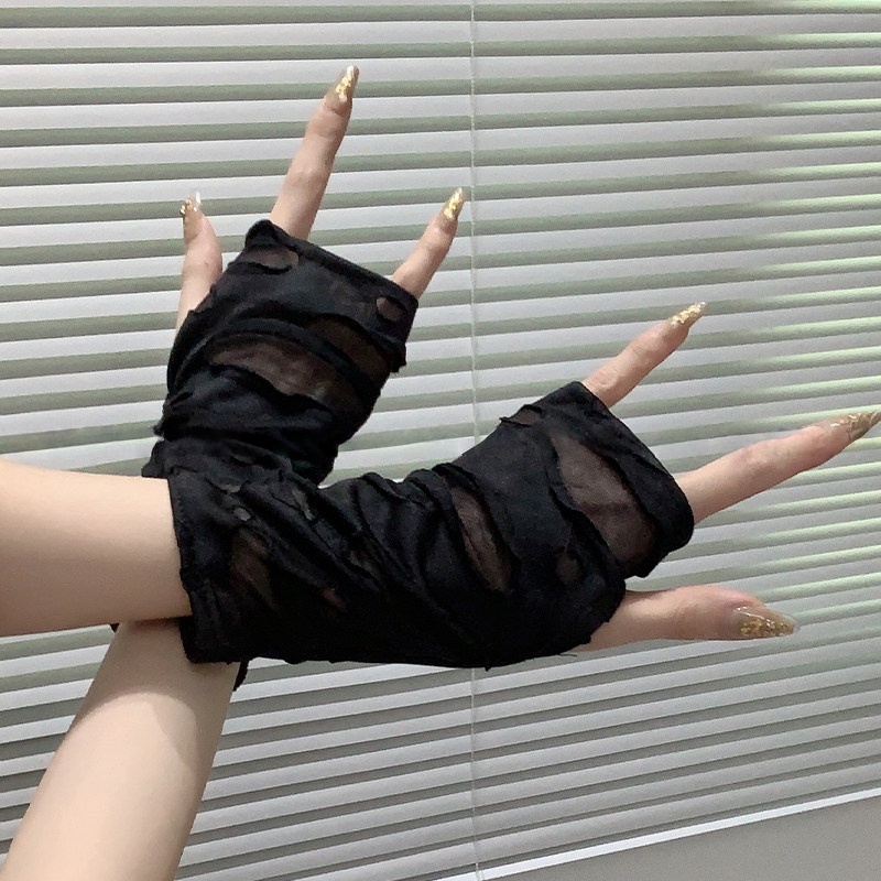 ปลอกแขนกันแดดแบบตาข่ายขาดๆ สไต - Women Fashion Gloves บทวิจารณ์และราคา